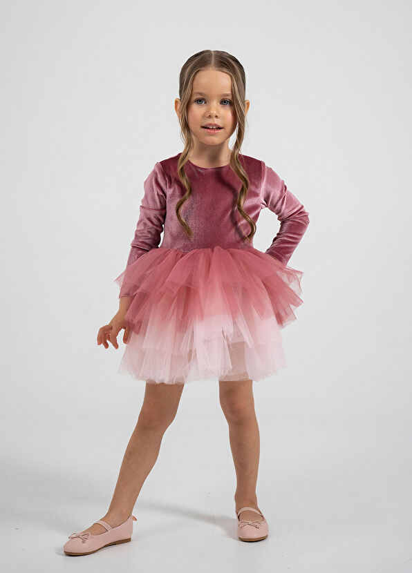 Mini Celebrities Gül Kurusu Kadife Tütülü Uzun Kollu Kız Çocuk Elbise - 2