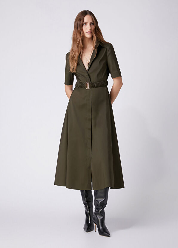 Beymen Club Khaki Belted Midi Taffeta Dress - 4