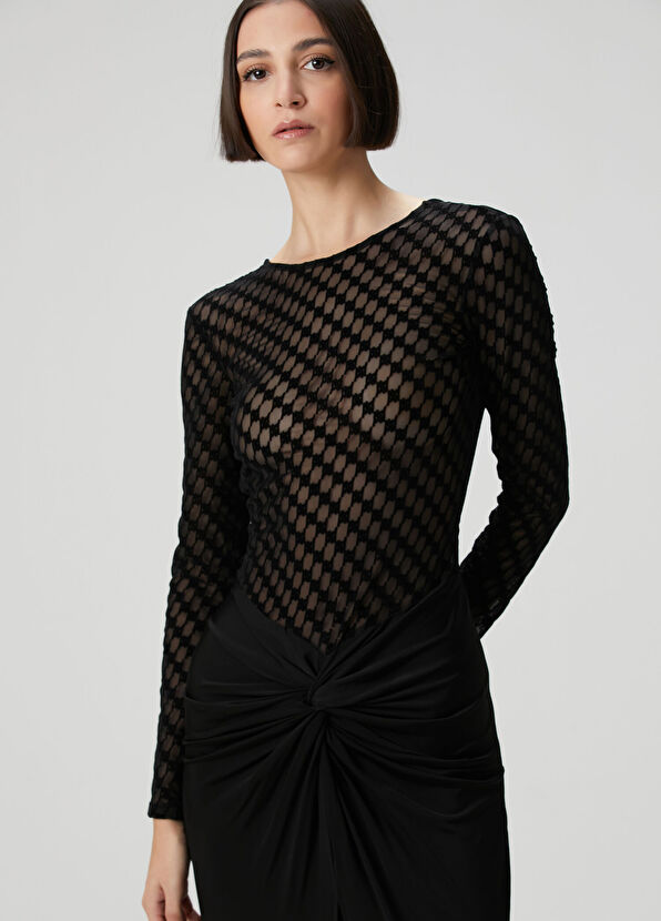 Siyah Flok Detaylı Maksi Abiye Elbise - Görsel 3