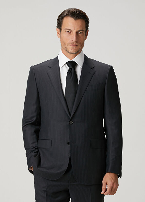 Lacivert Çizgi Desenli Yün Takım Elbise - Görsel 3