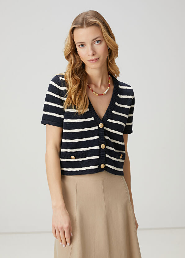 Beymen Club Navy Blue Ecru Striped Cardigan - 4