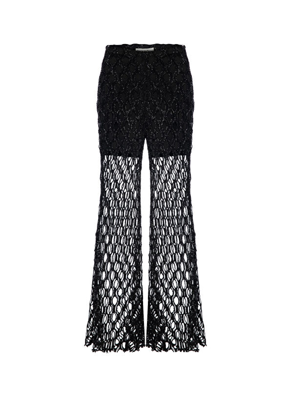 Women&Women Siyah Parıltılı Kumaş Dantel Detaylı Astarlı İspanyol Paça Kadın Pantolon - 1
