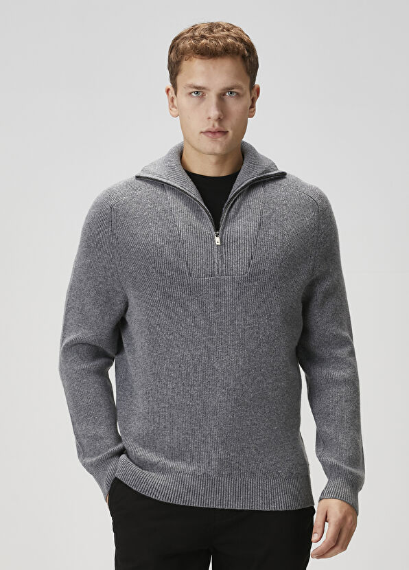 Beymen Club Grey Melange Collar Zippered Wool Sweater - 1
