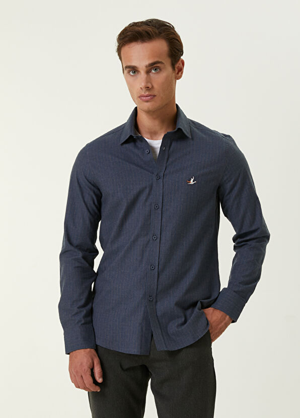 Beymen Club Slim Fit Indigo İnce Çizgi Desenli Flanel Gömlek - 1
