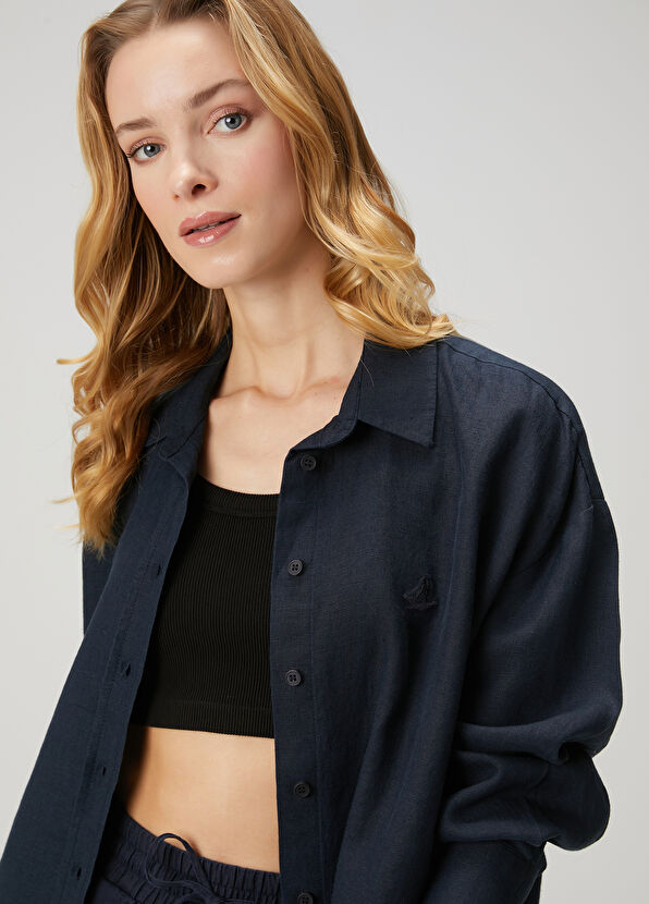 Beymen Club Oversize Navy Blue Linen Shirt - 1
