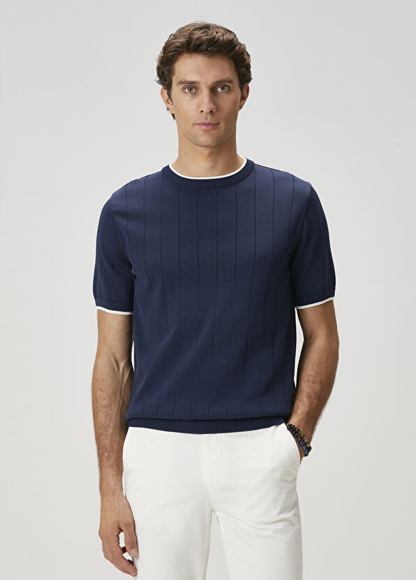 Beymen Club Lacivert Çizgi Dokulu Kısa Kollu Kazak - 2