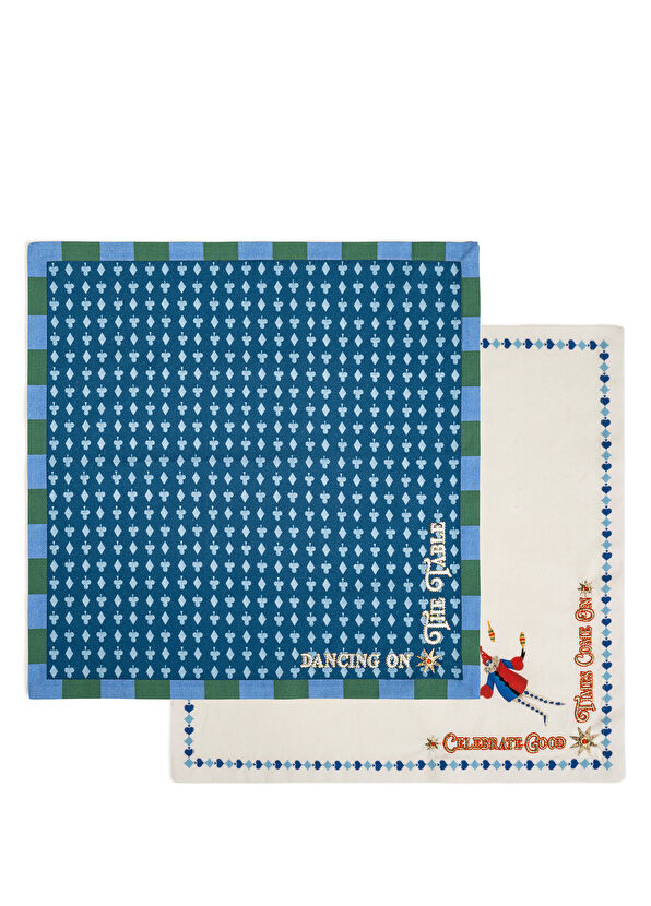 Zsa Zsa Zsu Nilüfer Digital Printed Embroidered Ecru Blue Cotton 2-Piece Napkin Set - 1