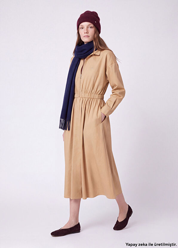 Beymen Club Beige Collar Zippered Midi Taffeta Dress - 1