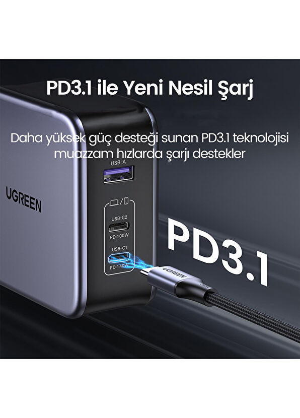 Ugreen Nexode GaN 3 Portlu 2xUSB-C, 1xUSB-A QC 4.0 PD 3.1 Uzay Grisi 140W Hızlı Şarj Cihazı - 4