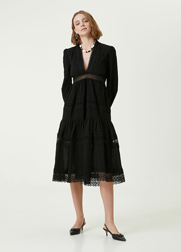 Beymen Club Siyah V Yaka Şerit Dantelli Midi Elbise - 1