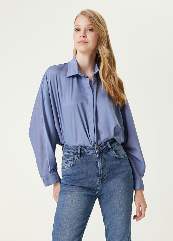 Beymen Club Mavi Dökümlü Yarasa Kol Twill Gömlek - 1