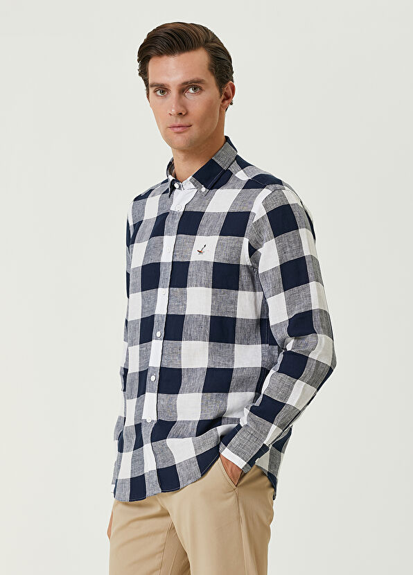 Beymen Club Comfort Fit Lacivert Ekose Desenli Keten Gömlek - 4