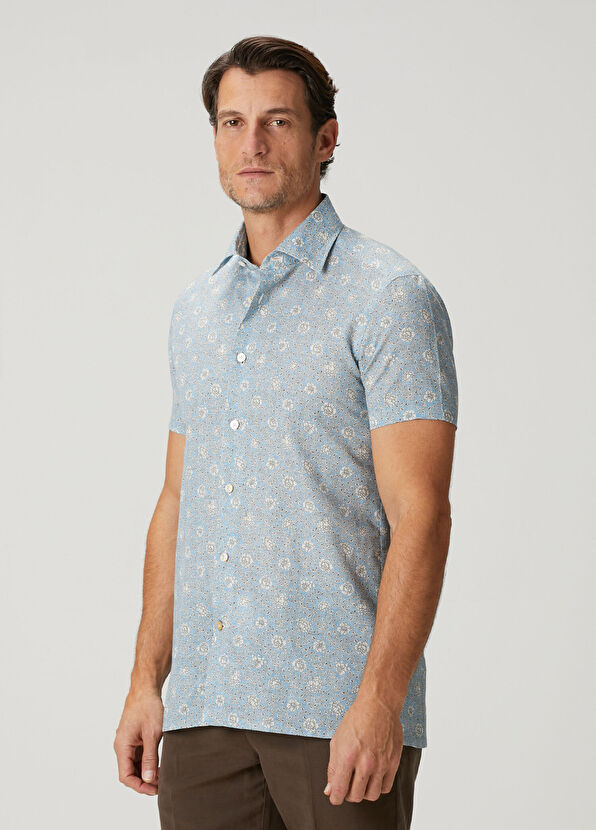 Kiton Nerano Light Blue Floral Print Short Sleeve Shirt - 3