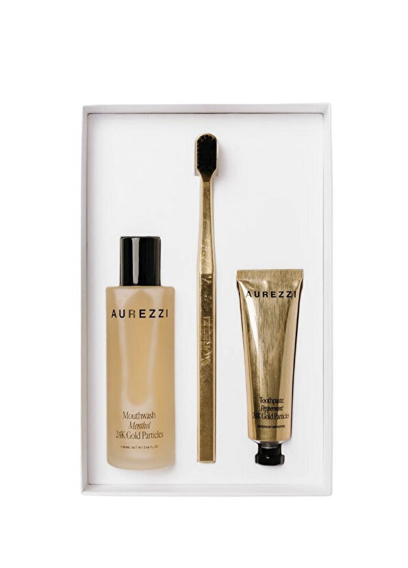 Aurezzi Travel Trio Gold Ağız Bakım Suyu 80 ml + Menthol Gold Diş Macunu 25 ml + Gold Black Soft Diş Fırçası 3'lü Seyahat Boy Ağız Bakım Seti - 2