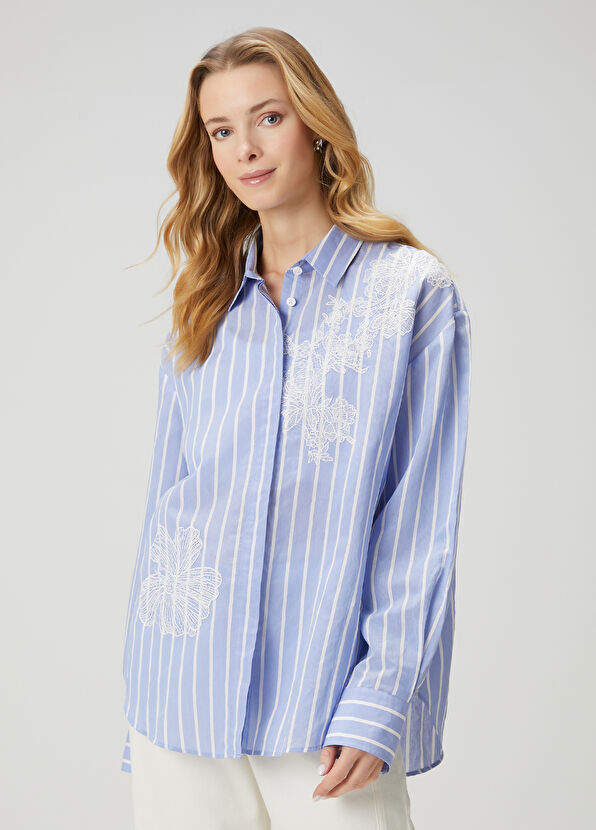 Beymen Club Mavi Çizgili Dantel Nakışlı Gömlek - 2