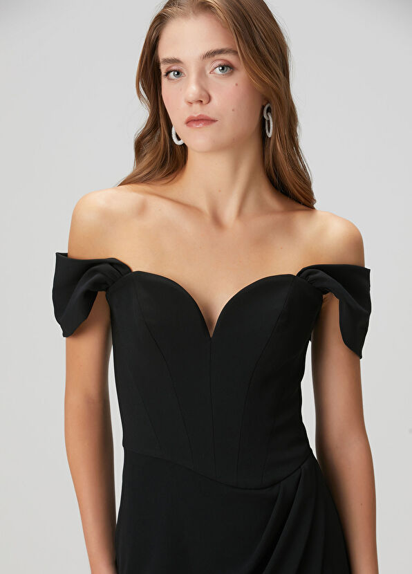 Siyah Düşük Omuzlu Midi Kokteyl Elbise - Görsel 3