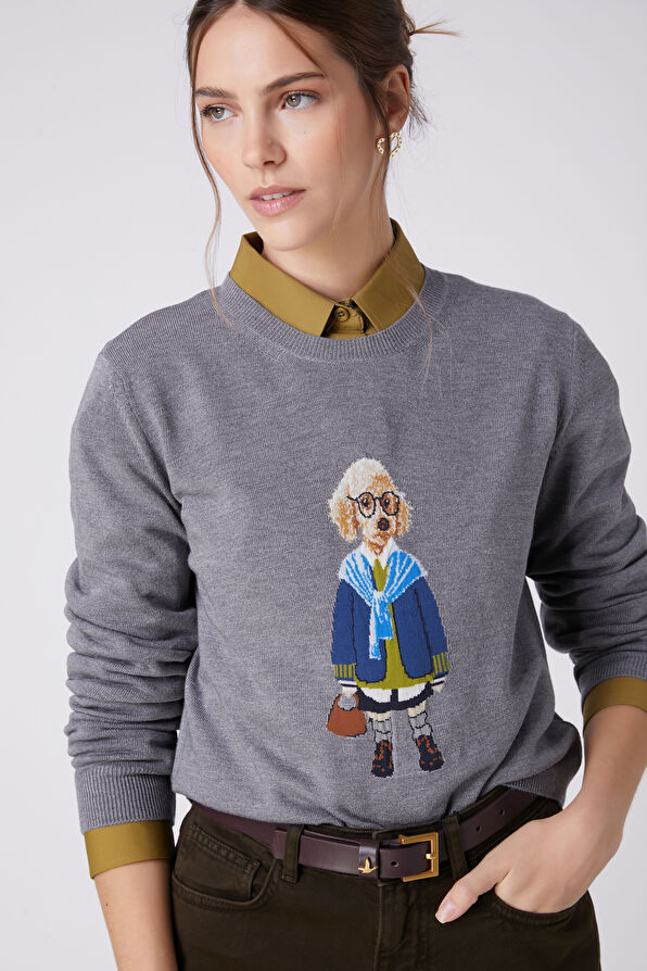 Beymen Club Grey Melange Dog Jacquard Sweater - 3