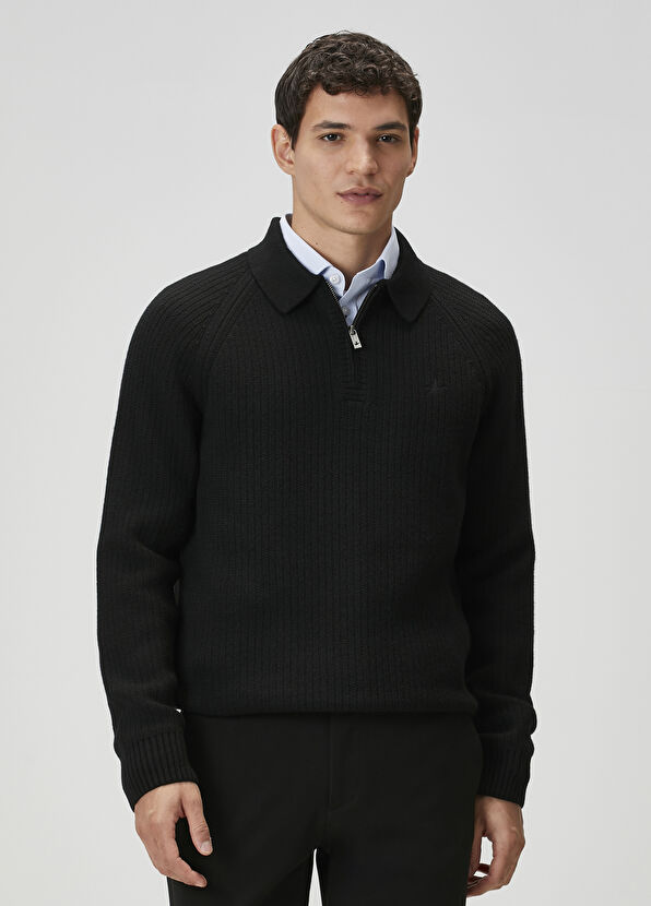 Beymen Club Black Knitted Textured Wool Polo Sweater - 1