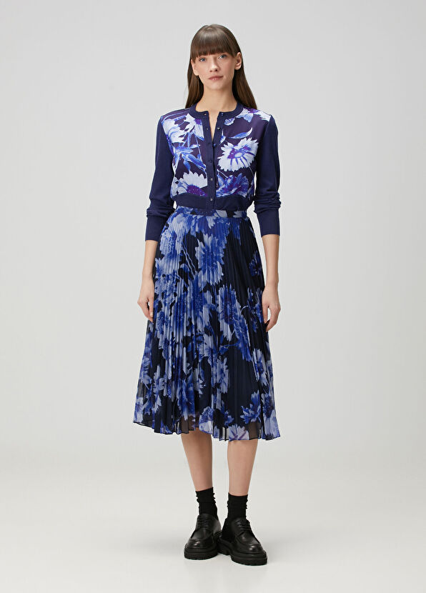 Erdem Mavi Çiçekli Yün Hırka - 2