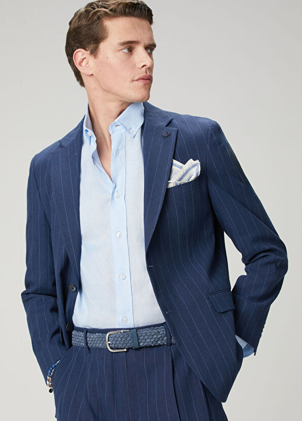 Beymen Club Navy Blue Striped Patterned Linen Suit - 2