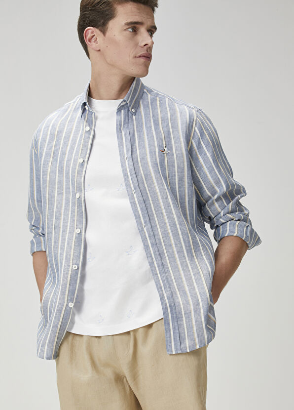 Beymen Club Comfort Fit Blue Stripe Patterned Linen Shirt - 1