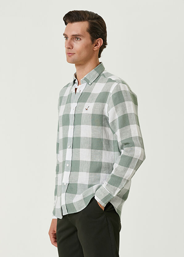 Beymen Club Comfort Fit Açık Haki Ekose Desenli Keten Gömlek - 4