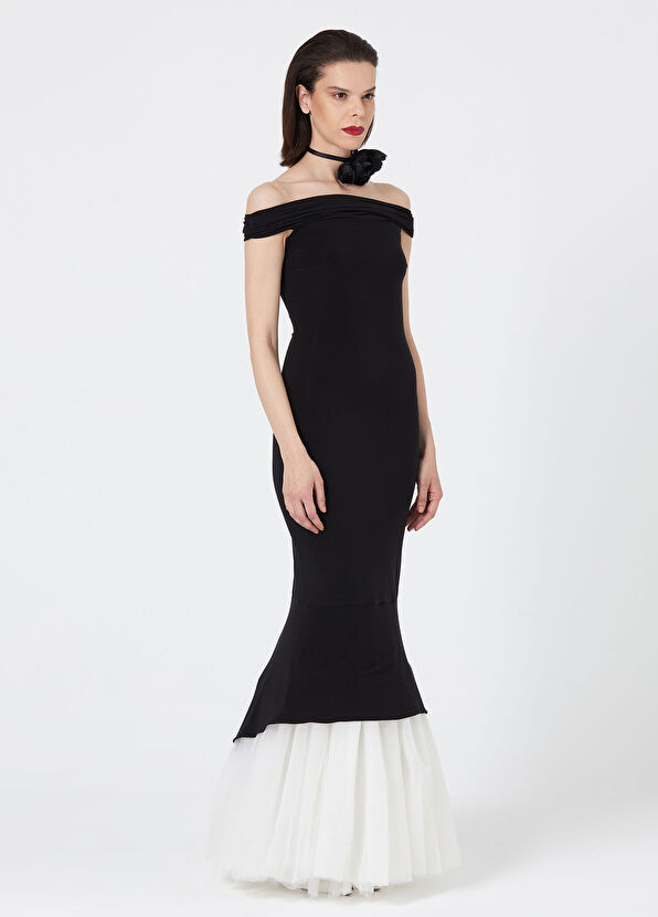 KLASSÉ Black Tutu Skirt Jersey Off-Shoulder Women's Long Evening Dress - 2