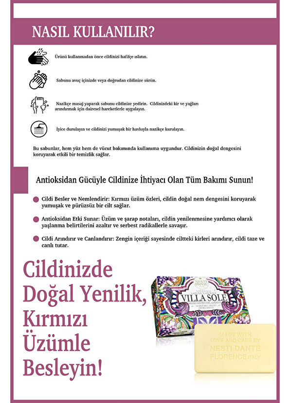 Nesti Dante Villa Sole Rosso Divino Del Chianti Antiflamatuar Ve Antioksidan Üzüm Özü Katı Sabun 250 gr - 2