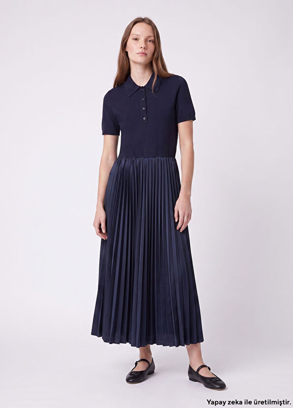 Beymen Club Navy Blue Pleated Polo sweater Dress - 1