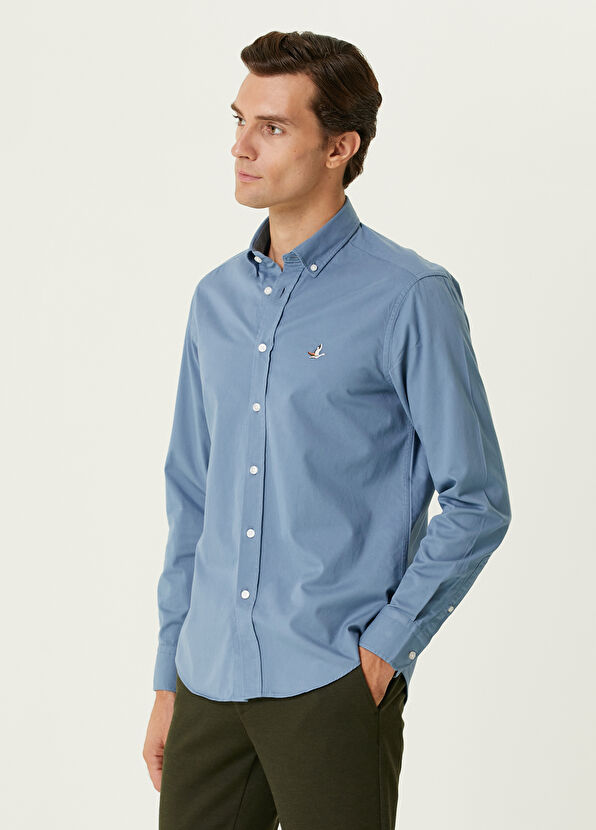 Beymen Club Comfort Fit Blue Gabardine Textured Shirt - 4