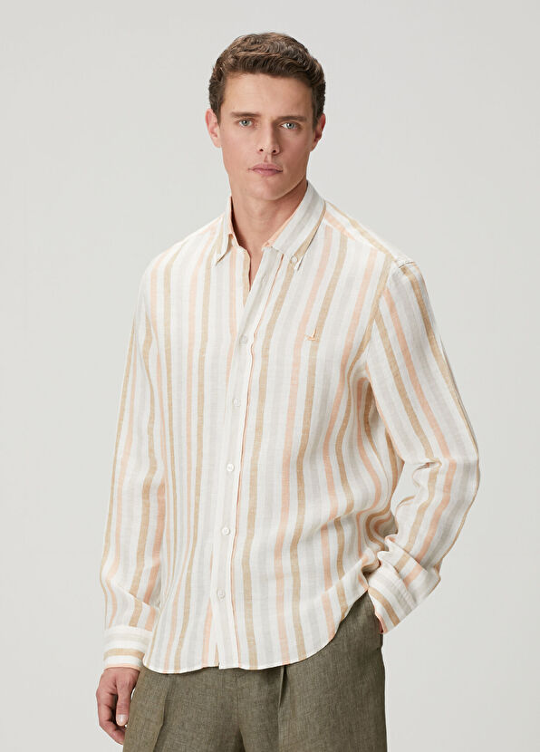 Beymen Club Comfort Fit Beyaz Somon Çizgi Desenli Keten Gömlek - 4