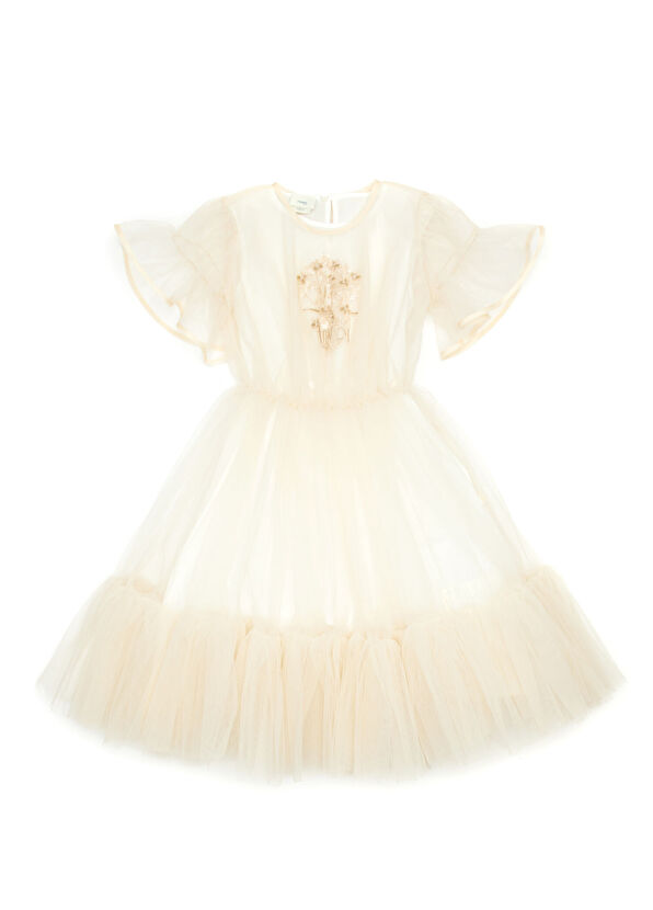 Fendi Bej Nakışlı Kız Çocuk Tül Elbise - 1