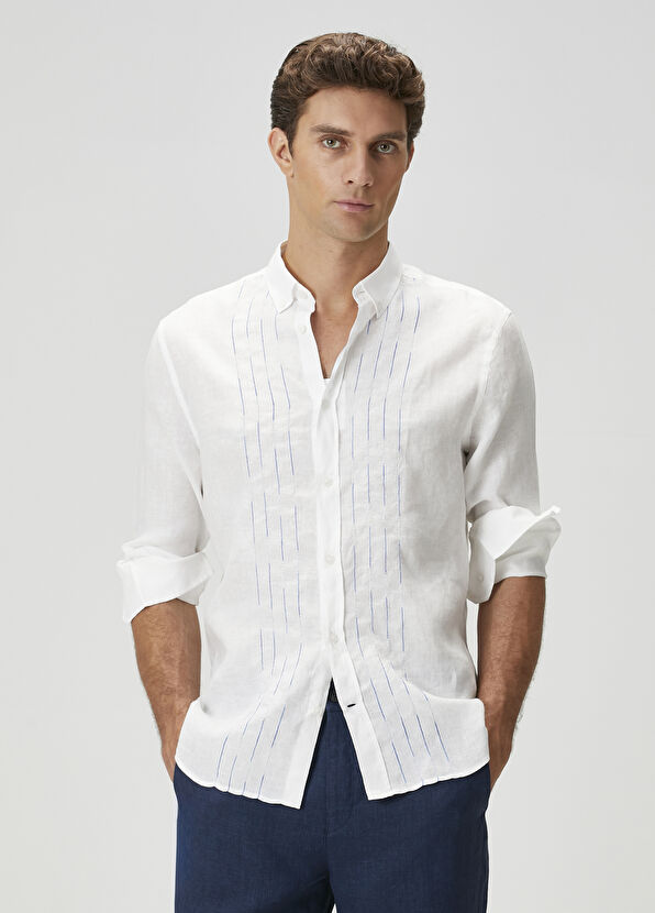 Beymen Club Comfort Fit White Embroidered Linen Shirt - 2