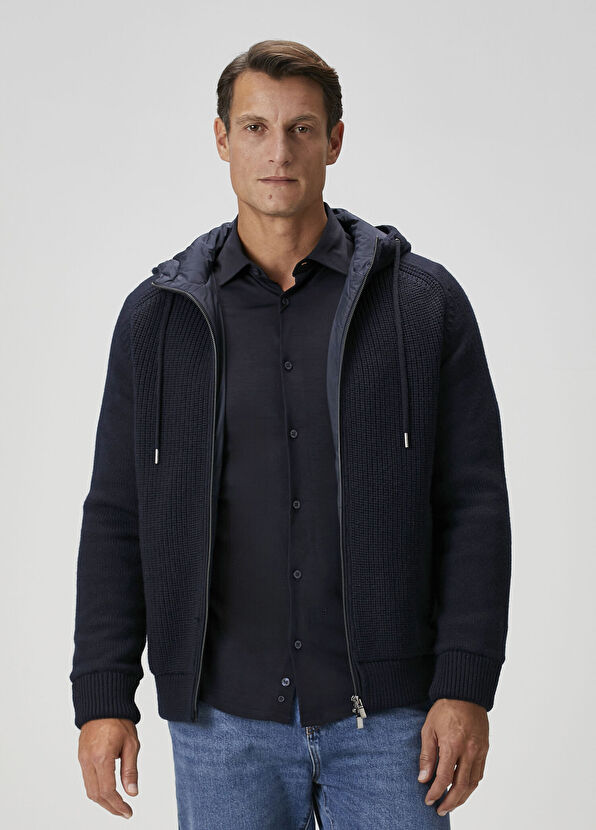 Lacivert Kapüşonlu Yün Triko Mont - Görsel 2