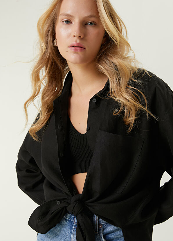 Beymen Club Siyah Oversize Keten Gömlek - 2