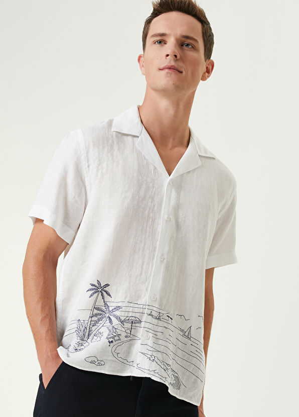 Beymen Club Comfort Fit Beyaz Manzara Nakışlı Keten Gömlek - 2
