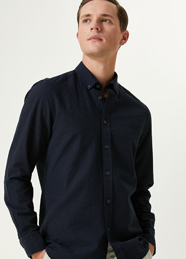Beymen Club Slim Fit Navy Blue Embossed Textured Shirt - 2
