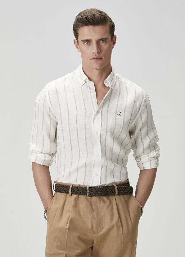 Beymen Club Comfort Fit Bej Çizgili Keten Gömlek - 1