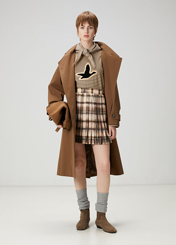 Beymen Club Koyu Bej Desenli Pileli Mini Etek - 1