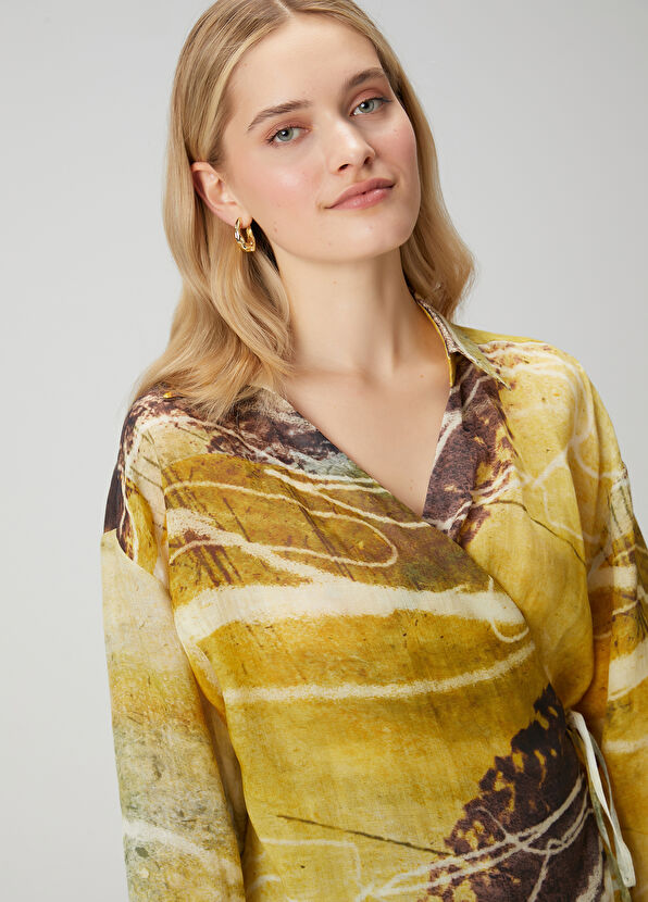 Beymen Club Sarı Desenli Kruvaze Keten Gömlek - 2