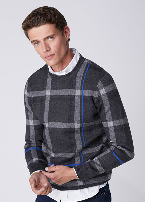 Beymen Club Anthracite Plaid Patterned Sax Striped Sweater - 2