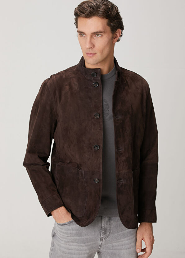 Beymen Club Brown Mandarin Collar Suede Leather Jacket - 2