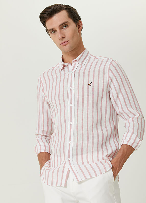 Beymen Club Slim Fit Dark Pink Thick Striped Linen Shirt - 2