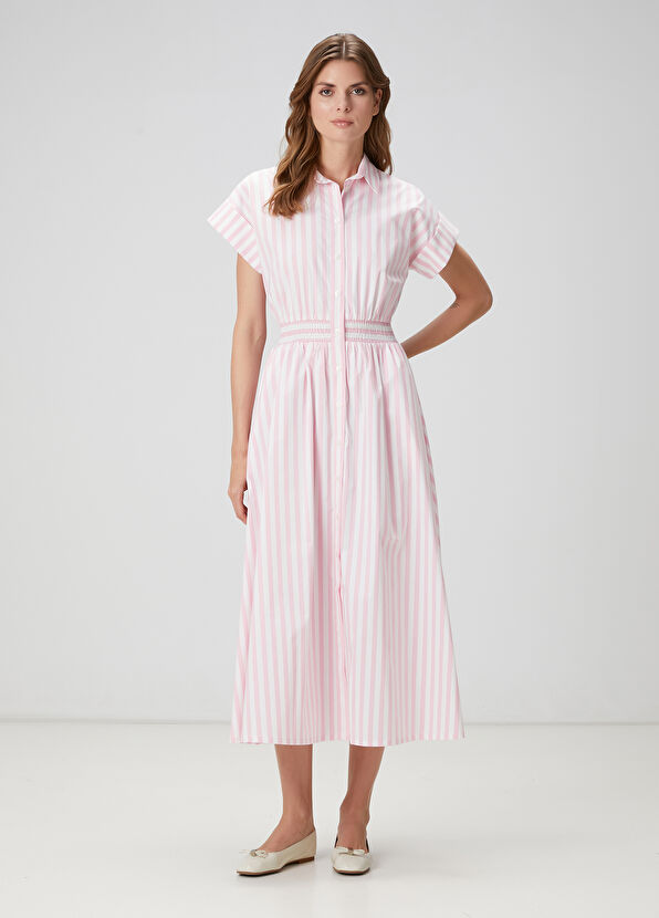 Beymen Club Pembe Beyaz Çizgili Midi Gömlek Elbise - 1