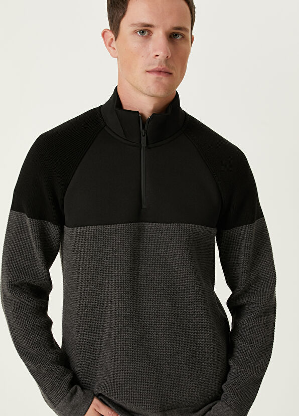 Beymen Club Black Collar Zipper Colorblocked Wool Sweater - 2