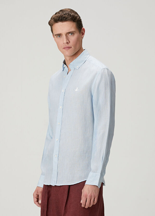 Beymen Club Comfort Fit Blue Dashed Striped Linen Shirt - 4