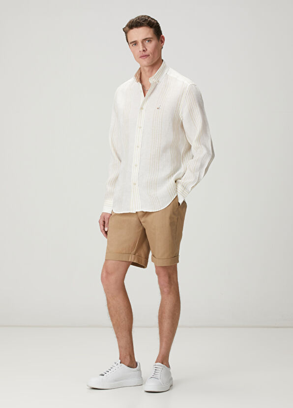 Beymen Club Comfort Fit Beige White Striped Linen Shirt - 3