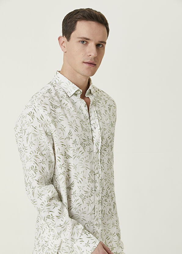 Beymen Club Comfort Fit Haki Beyaz Yaprak Desenli Keten Gömlek - 2