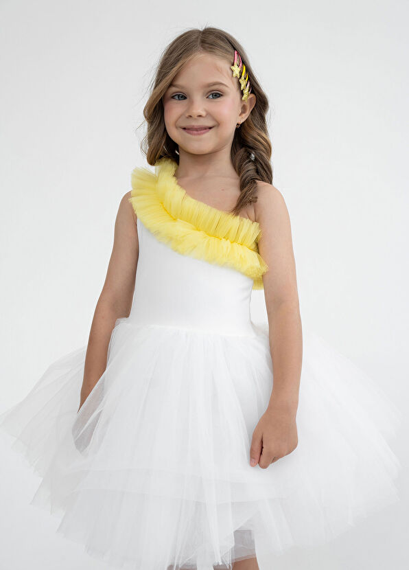 Mini Celebrities Beyaz Sarı Fırfırlı Tek Omuzlu Kız Çocuk Tütü Elbise - 2