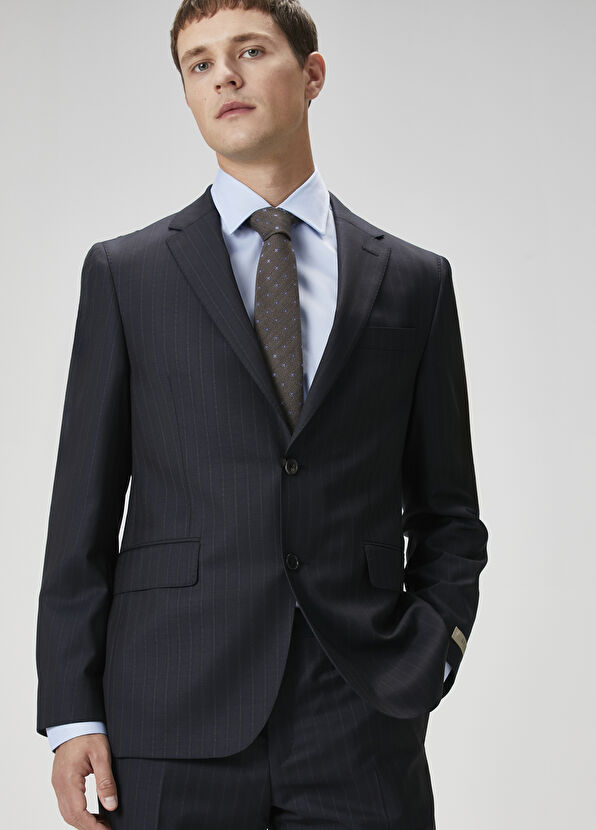 Drop 7 Lacivert Çizgili Yün Takım Elbise - Görsel 4